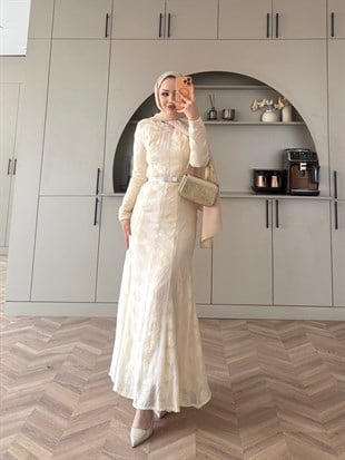 Manche Taş Detaylı Elbise Bej (5775)