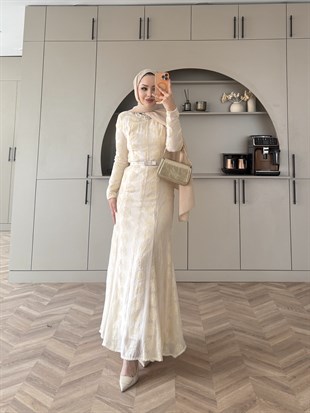Manche Taş Detaylı Elbise Bej (5775)