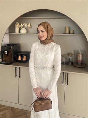 Manche Taş Detaylı Elbise Ekru (5775)