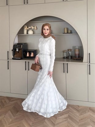 Manche Taş Detaylı Elbise Ekru (5775)