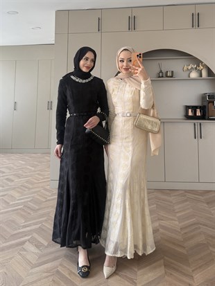Manche Taş Detaylı Elbise Siyah (5775)