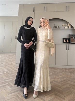 Manche Taş Detaylı Elbise Siyah (5775)