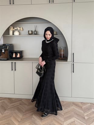 Manche Taş Detaylı Elbise Siyah (5775)