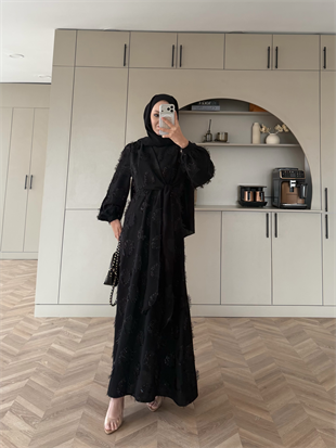 Mandy Yandan Bağlamalı Tüy Detaylı Elbise Siyah (5506)