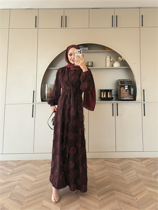 Mandy Yandan Bağlamalı Tüy Detaylı Elbise Mürdüm (5506)