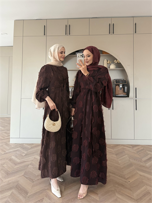 Mandy Yandan Bağlamalı Tüy Detaylı Elbise Kahverengi (5506)