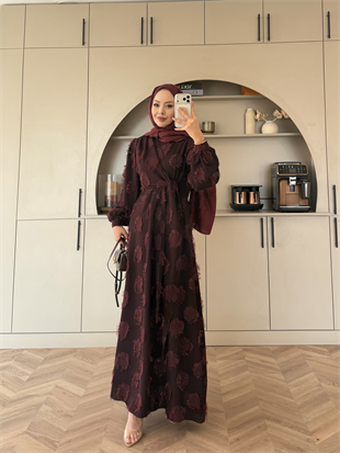 Mandy Yandan Bağlamalı Tüy Detaylı Elbise Mürdüm (5506)