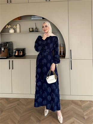 Mandy Yandan Bağlamalı Tüy Detaylı Elbise Lacivert (5506)
