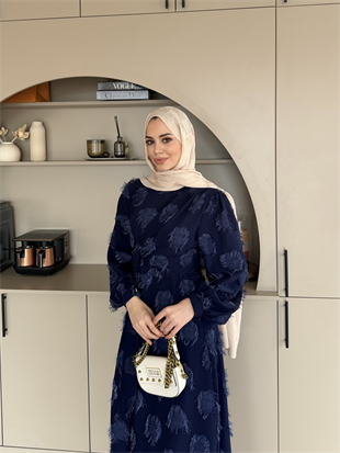 Mandy Yandan Bağlamalı Tüy Detaylı Elbise Lacivert (5506)