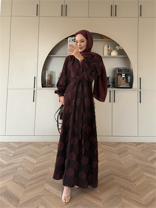 Mandy Yandan Bağlamalı Tüy Detaylı Elbise Mürdüm (5506)