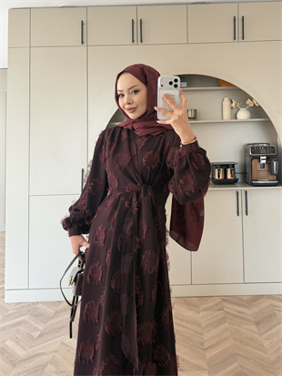 Mandy Yandan Bağlamalı Tüy Detaylı Elbise Mürdüm (5506)