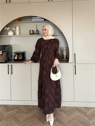 Mandy Yandan Bağlamalı Tüy Detaylı Elbise Kahverengi (5506)
