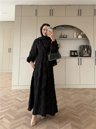 Mandy Yandan Bağlamalı Tüy Detaylı Elbise Siyah (5506)