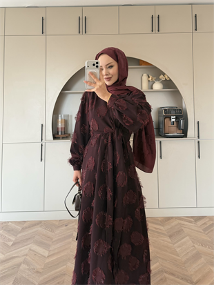 Mandy Yandan Bağlamalı Tüy Detaylı Elbise Mürdüm (5506)