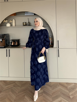 Mandy Yandan Bağlamalı Tüy Detaylı Elbise Lacivert (5506)