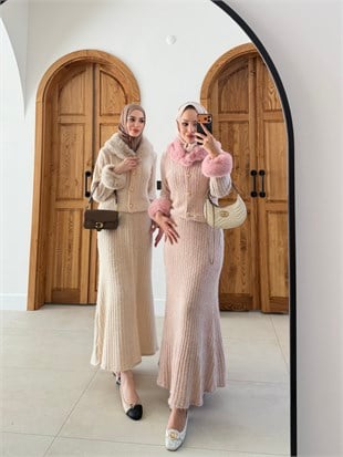 Maray Kürk Detaylı Triko Etekli Takım Pembe (8937)