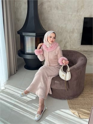 Maray Kürk Detaylı Triko Etekli Takım Pembe (8937)