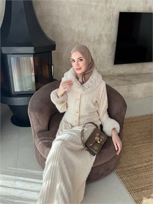 Maray Kürk Detaylı Triko Etekli Takım Bej (8937)