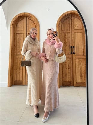 Maray Kürk Detaylı Triko Etekli Takım Pembe (8937)