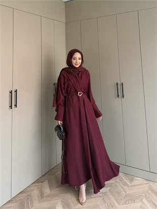 Marge Broş Kemerli Keten Elbise Bordo (1078)