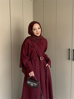 Marge Broş Kemerli Keten Elbise Bordo (1078)