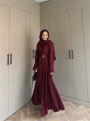 Marge Broş Kemerli Keten Elbise Bordo (1078)