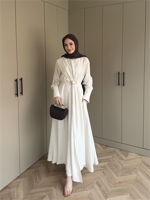 Marge Broş Kemerli Keten Elbise Ekru (1078)