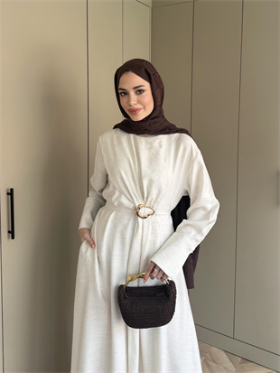Marge Broş Kemerli Keten Elbise Ekru (1078)