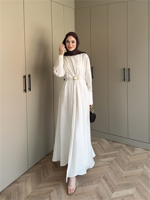 Marge Broş Kemerli Keten Elbise Ekru (1078)