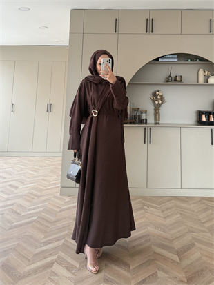 Marge Broş Kemerli Keten Elbise Kahve (1078)