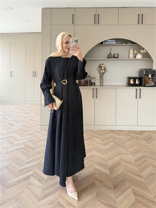 Marge Broş Kemerli Keten Elbise Lacivert (1078)