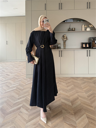 Marge Broş Kemerli Keten Elbise Lacivert (1078)