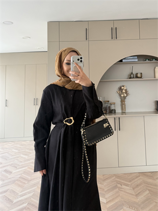 Marge Broş Kemerli Keten Elbise Siyah (1078)