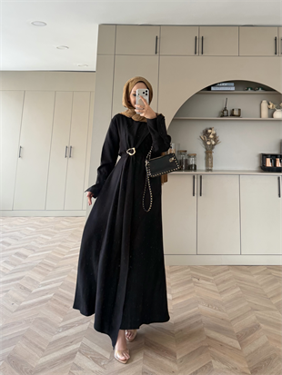 Marge Broş Kemerli Keten Elbise Siyah (1078)