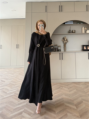 Marge Broş Kemerli Keten Elbise Siyah (1078)