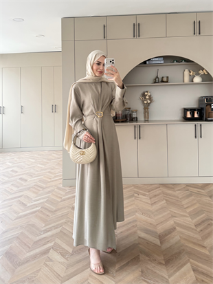 Marge Broş Kemerli Keten Elbise Su Yeşili (1078) 