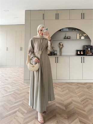 Marge Broş Kemerli Keten Elbise Su Yeşili (1078) 