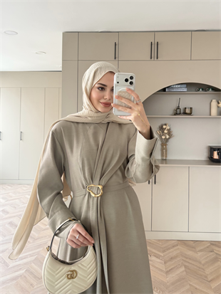 Marge Broş Kemerli Keten Elbise Su Yeşili (1078) 