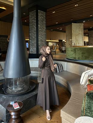 Maron Keten Elbise Acı Kahve