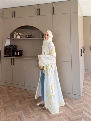 Mercan Desen Şallı Kimono/Abaya ButterYellow (1082)
