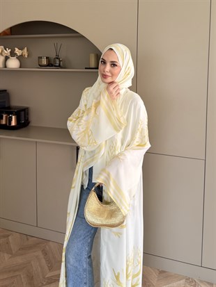 Mercan Desen Şallı Kimono/Abaya ButterYellow (1082)