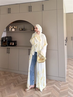 Mercan Desen Şallı Kimono/Abaya ButterYellow (1082)