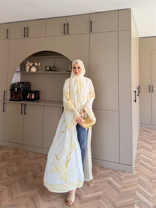 Mercan Desen Şallı Kimono/Abaya ButterYellow (1082)