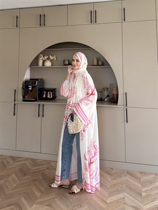 Mercan Desen Şallı Kimono/Abaya Pembe (1082)