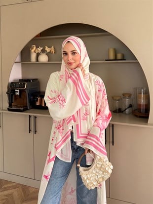 Mercan Desen Şallı Kimono/Abaya Pembe (1082)
