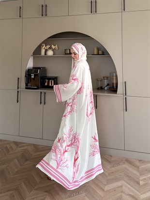 Mercan Desen Şallı Kimono/Abaya Pembe (1082)
