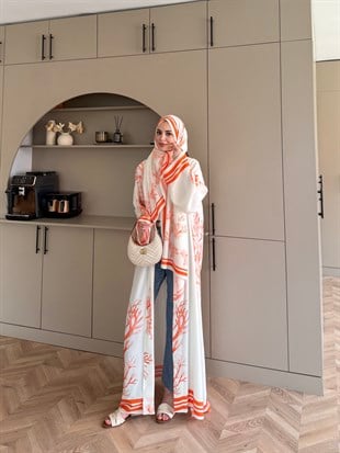 Mercan Desen Şallı Kimono/Abaya Turuncu (1082)