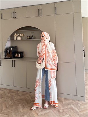 Mercan Desen Şallı Kimono/Abaya Turuncu (1082)