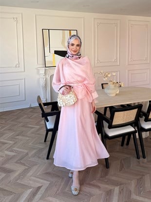 Milano Asimetrik Kesim Etekli Takım Pembe (3031)