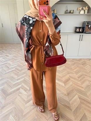 Miori Keten Pantolonlu Takım Kiremit (3146)